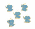 Five gray elephant charms with gold-tone metal outlines and loops at the top, arranged on a plain white background.