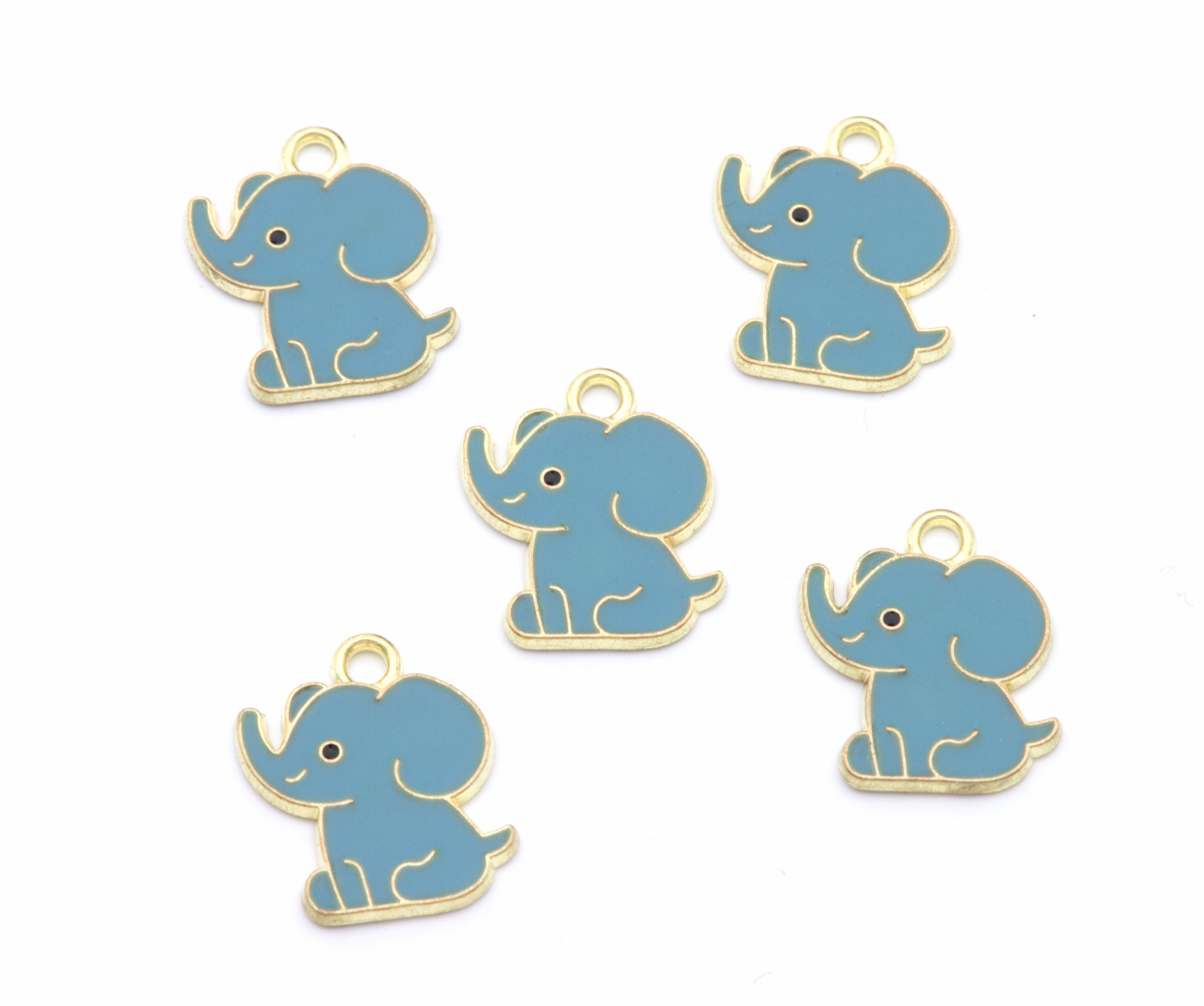 Five gray elephant charms with gold-tone metal outlines and loops at the top, arranged on a plain white background.