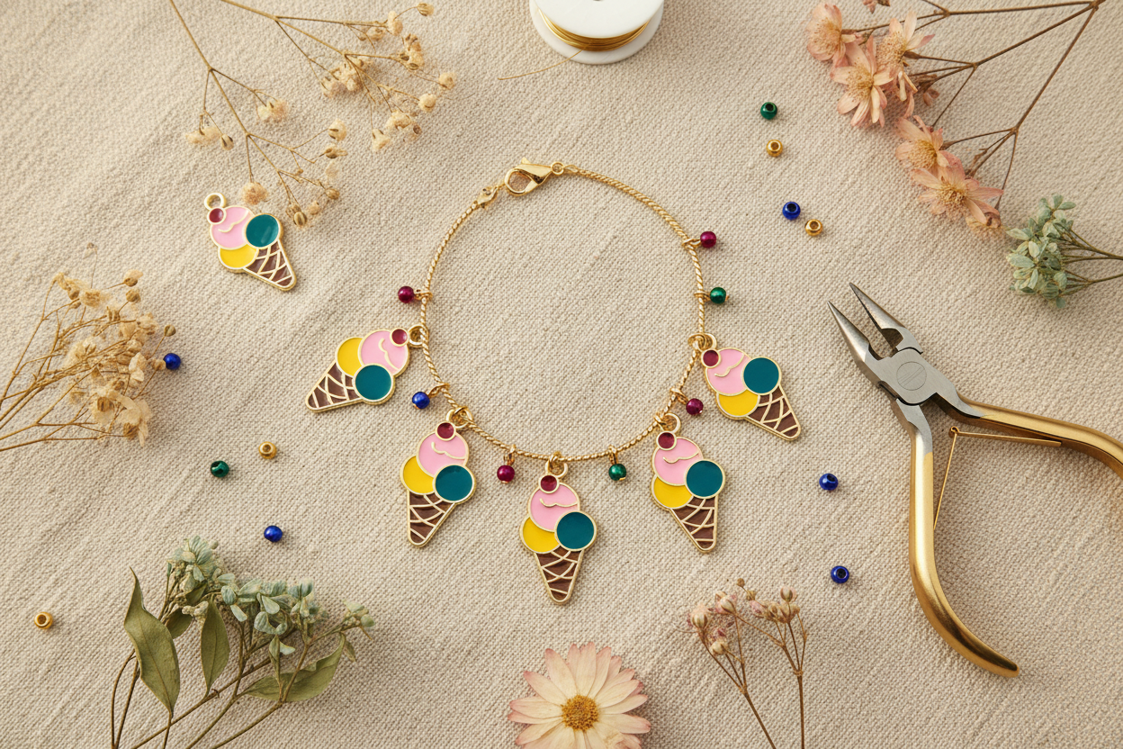 A gold-tone necklace with five colorful ice cream cone charms, styled in a flat lay with dried flowers, small beads, and gold wire cutters on a beige fabric background.