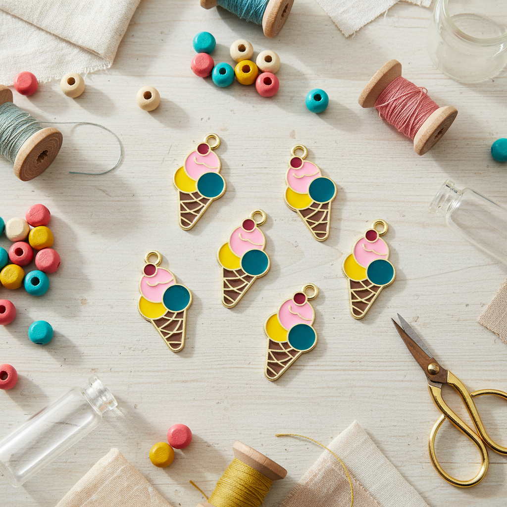 Five ice cream cone-shaped jewelry charms with colorful enamel-like details are arranged on a light wood surface surrounded by craft supplies including spools of thread, beads, scissors, and small glass bottles.