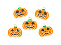 Five orange pumpkin charms with jack-o'-lantern faces and small green stems, arranged on a plain white background.