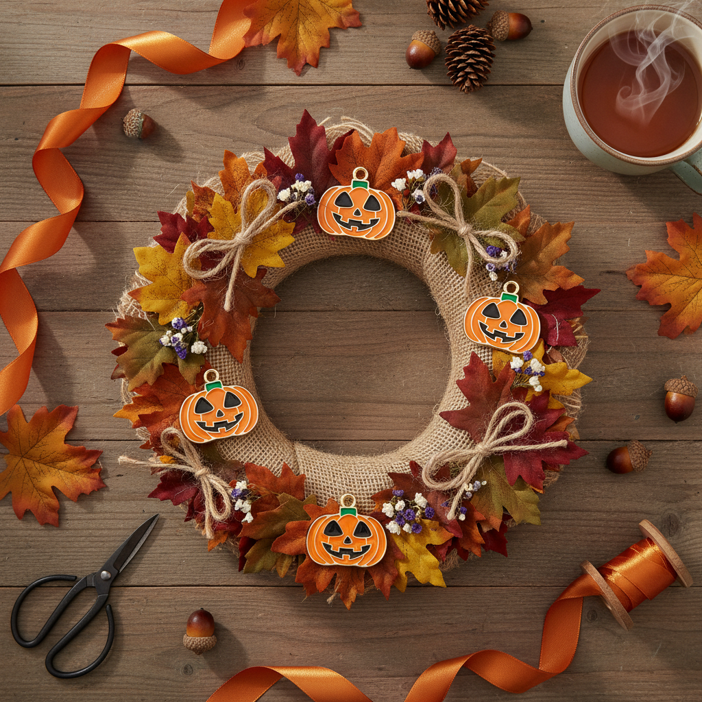 An autumn-themed burlap wreath decorated with colorful fall leaves, twine bows, mini pumpkin charms, and small white berries, styled on a wooden tabletop with scattered leaves, acorns, pinecones, orange ribbon, scissors, and a cup of coffee.