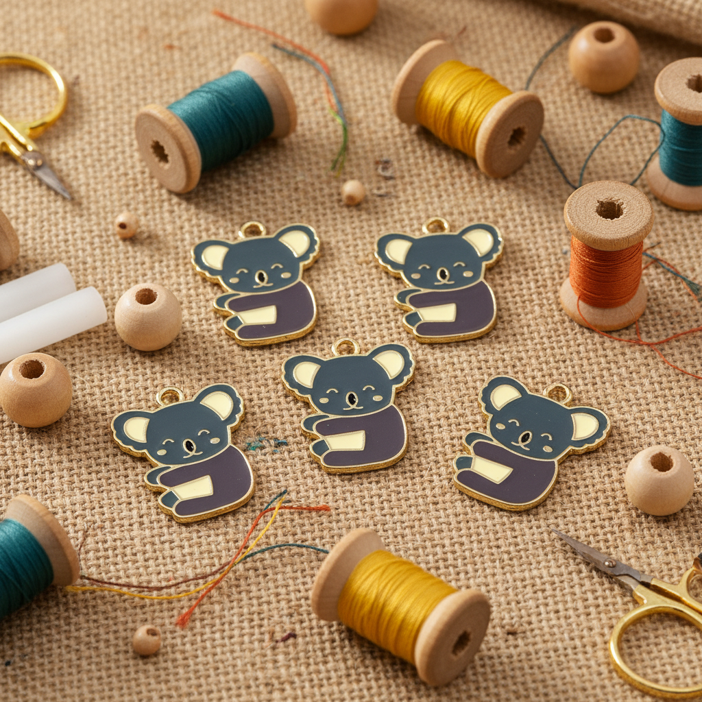 five koala charms on a burlap background surrounded by spools of thread and wooden beads