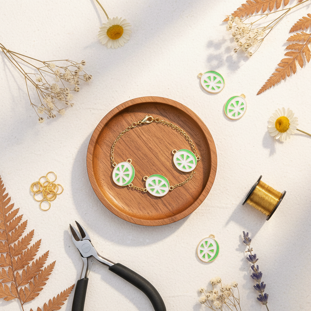 A gold chain bracelet with three green and white lime slice charms is displayed on a round wooden tray, surrounded by craft supplies including pliers, a spool of gold wire, and dried flowers on a white background.