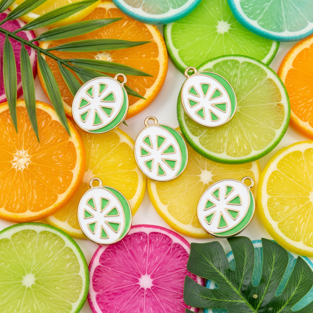 Five round enamel jewelry charms shaped like lime slices are arranged on a colorful background of sliced citrus fruits and green leaves. 