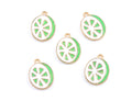 Five enamel charms shaped like lime slices, featuring a gold-tone metal border, white center, and bright green outer ring, arranged on a plain white background.
