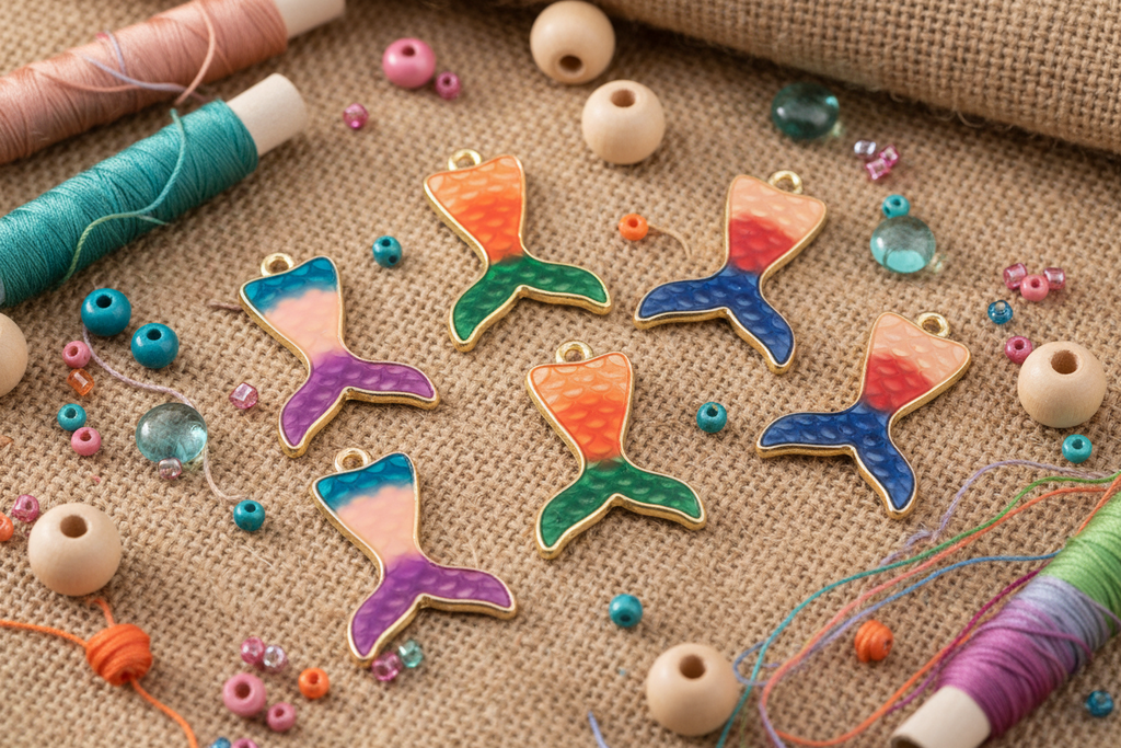 Five mermaid tail charms with colorful painted tails and gold borders, arranged on a burlap surface with beads, spools of thread, and wooden beads.