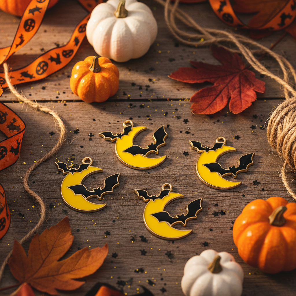 Four yellow crescent moon and bat charms with black bat wings are arranged on a rustic wooden surface with Halloween-themed props including orange pumpkins, autumn leaves, ribbon, twine, and scattered gold glitter.