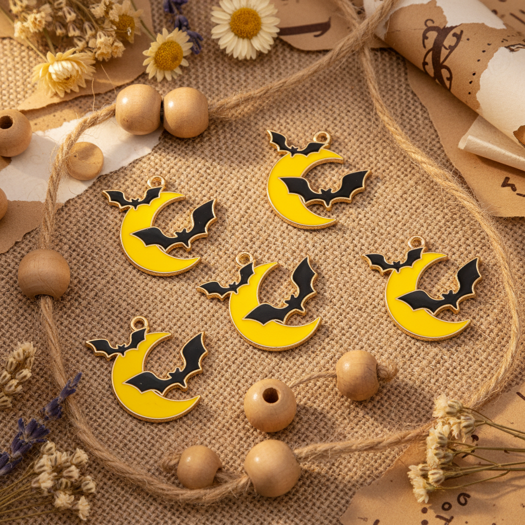 Five yellow crescent moon pendants with black bat designs, arranged on a burlap surface with wooden beads, dried flowers, and twine.
