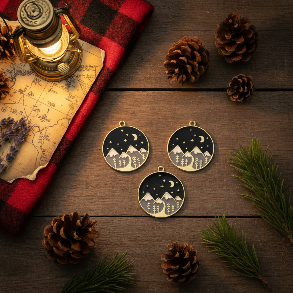 Three circle jewelry charms with a mountain scene design are arranged on a rustic wooden surface alongside pinecones, evergreen branches, a lantern, and a vintage map. The charms have a black night sky background with white mountain tops, stars, and crescent moons, and a gold-toned border.