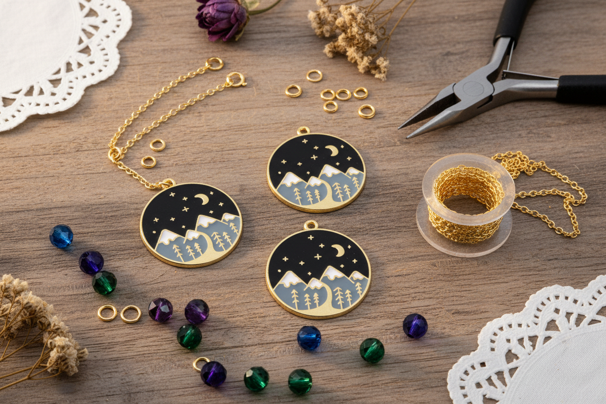 Three round gold-tone pendant charms featuring a night sky and mountain landscape design, displayed on a wooden surface with jewelry-making tools and beads.