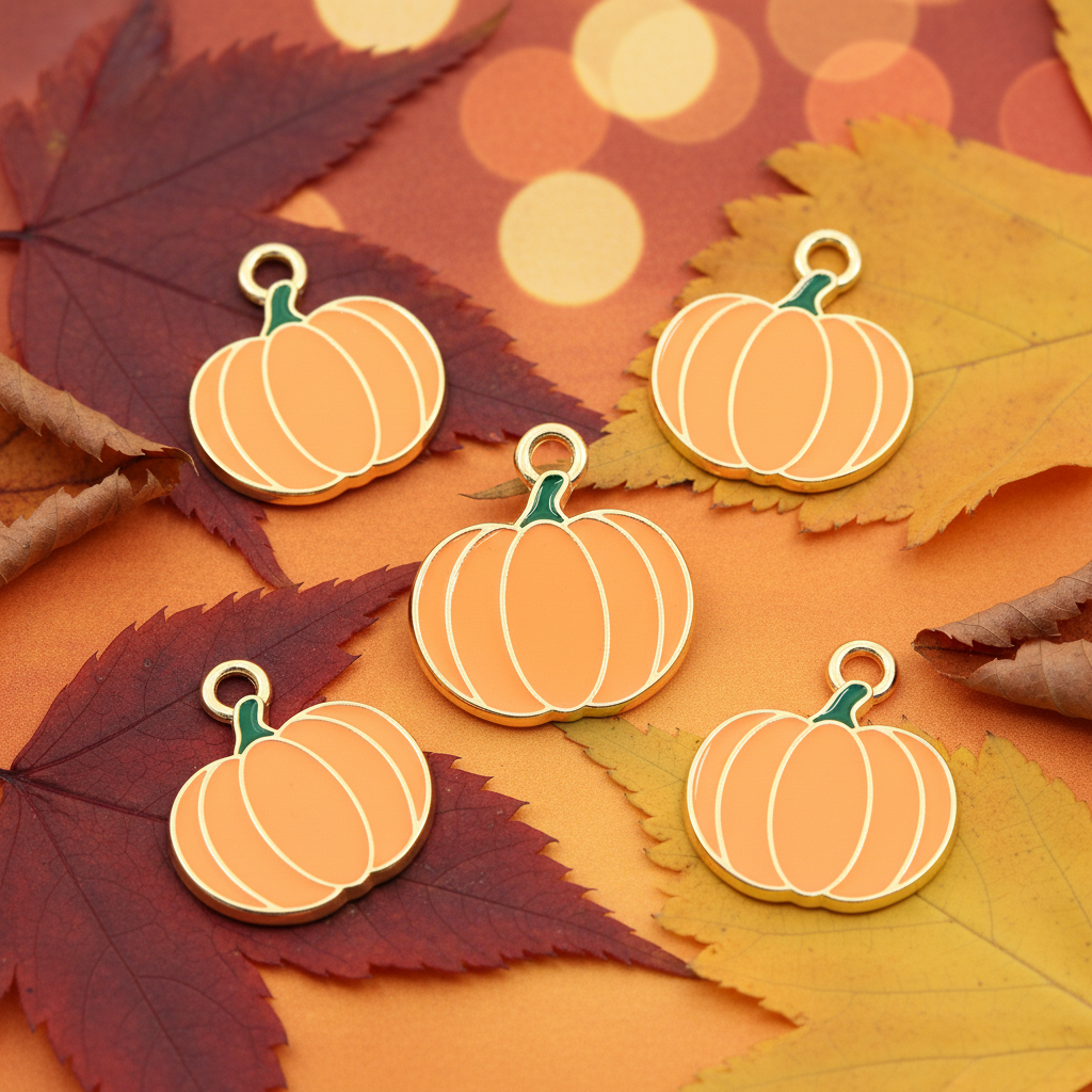 Five pumpkin-shaped metal charms with green stems and gold-tone loops, arranged on autumn leaves over an orange background.