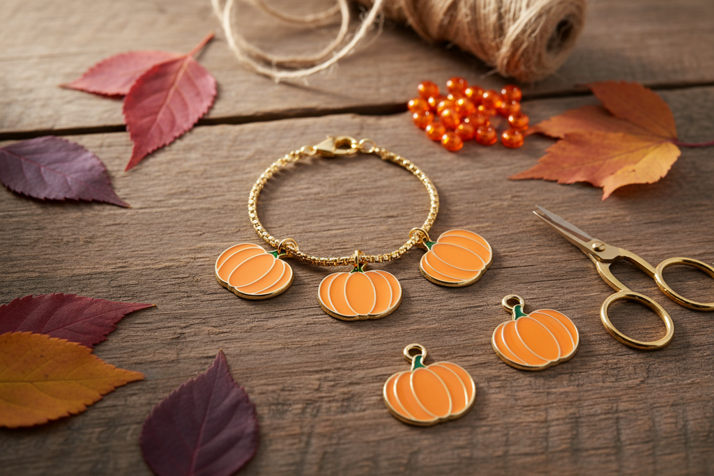 A gold-toned bracelet with orange pumpkin charms, styled on a rustic wooden surface with autumn leaves, scissors, beads, and twine.
