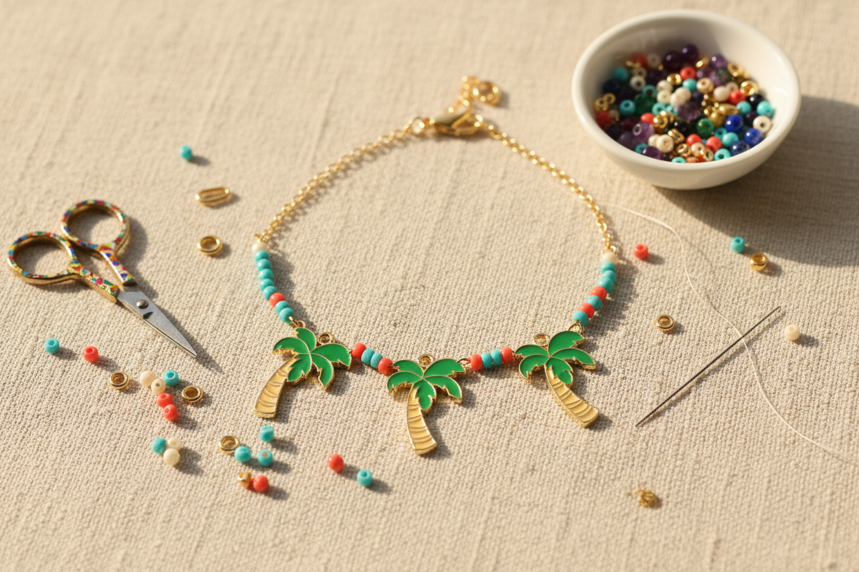 A gold-toned beaded necklace with three green and palm tree charms, styled on a beige fabric surface with beads, scissors, and a small bowl of colorful beads.