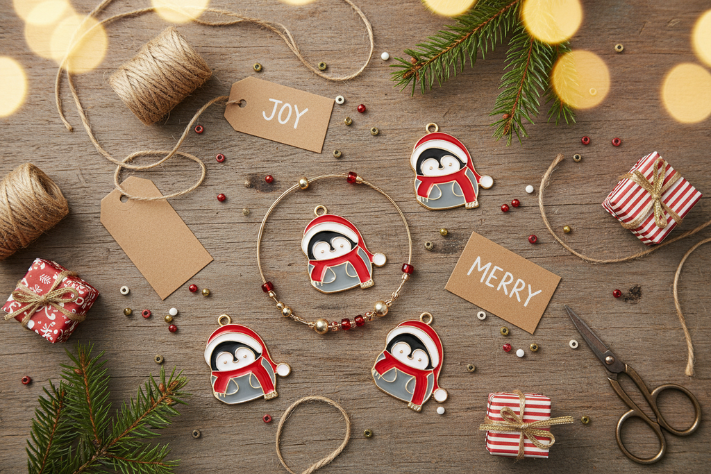 Four penguin Christmas charms with red scarves and Santa hats are arranged on a rustic wooden surface with holiday-themed props including twine, gift boxes, scissors, evergreen branches, and tags reading 'JOY' and 'MERRY'.