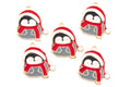 Five identical penguin charms wearing Santa hats and scarves, arranged on a plain white background. Each charm has a gold-tone outline with red, white, black, and gray enamel details and a small loop at the top.