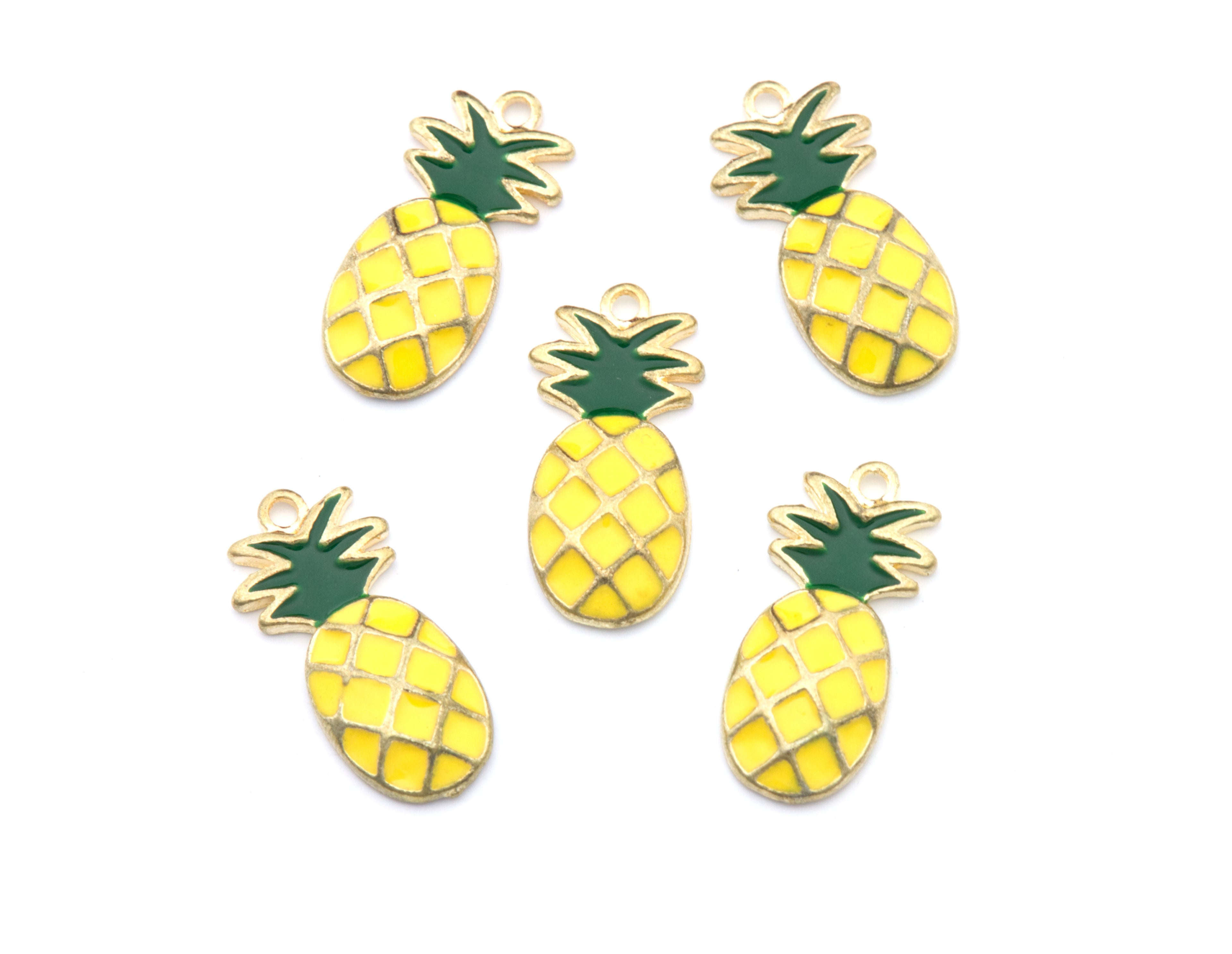 Five yellow and green pineapple charms with gold-tone metal outlines, arranged on a plain white background.