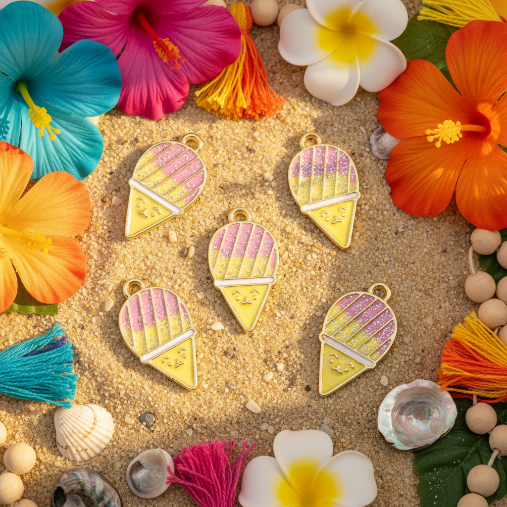 Five gold snow cone cone charms with pink and yellow gradient details are arranged on a sandy beach background surrounded by tropical flowers, seashells, and tassel decorations.