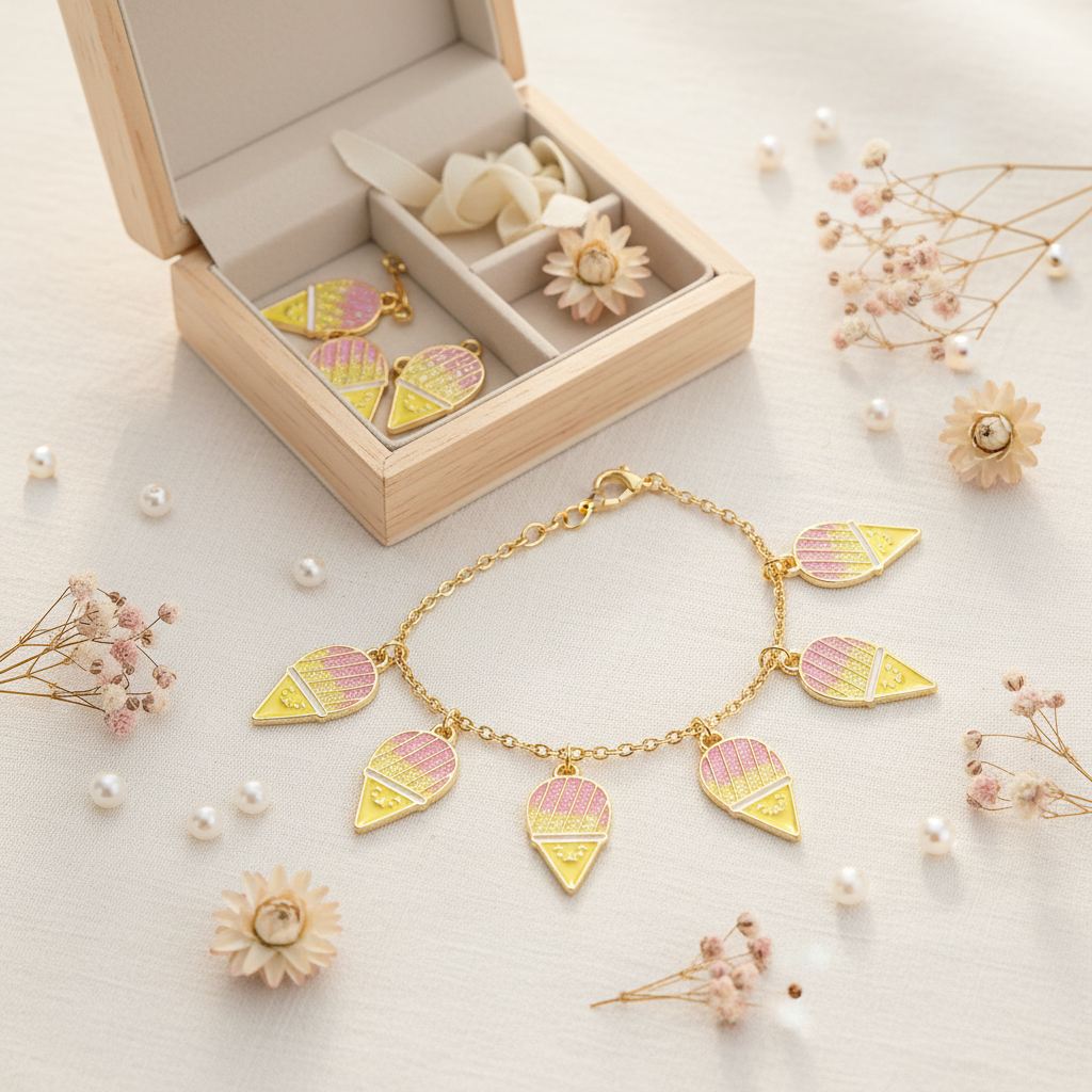 A gold-tone bracelet and matching earrings with pastel pink and yellow snow cone charms, displayed in an open wooden jewelry box on a light surface with decorative pearls and dried flowers.