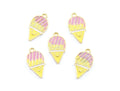 Five gold-plated snowcone charms with pink and yellow glitter enamel, arranged on a plain white background.