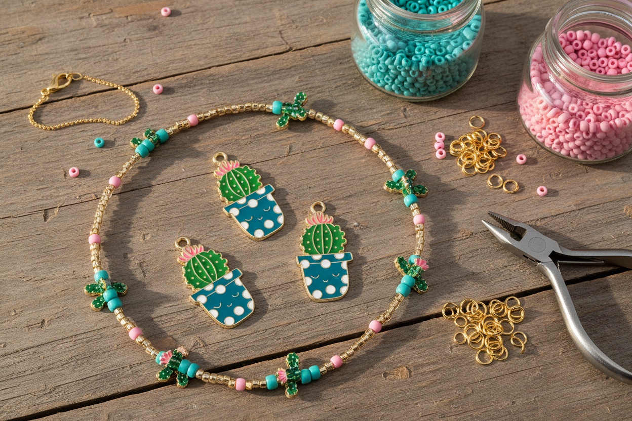 A beaded jewelry bracelet with three cactus charms in teal and white polka dot pots, displayed on a rustic wooden table alongside craft supplies including pliers, gold jump rings, and jars of turquoise and pink seed beads.