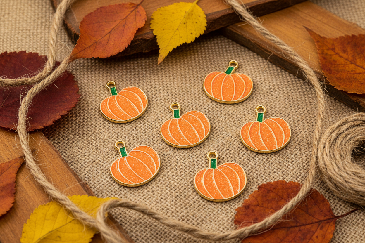 Six small orange pumpkin-shaped charms with green stems are arranged on burlap fabric with autumn leaves, twine, and a wooden surface around them.