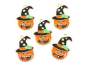 Five Halloween-themed enamel charms shaped like orange jack-o'-lantern pumpkins wearing black witch hats with gold-tone outlines, white stars, and green accents, arranged on a plain white background.