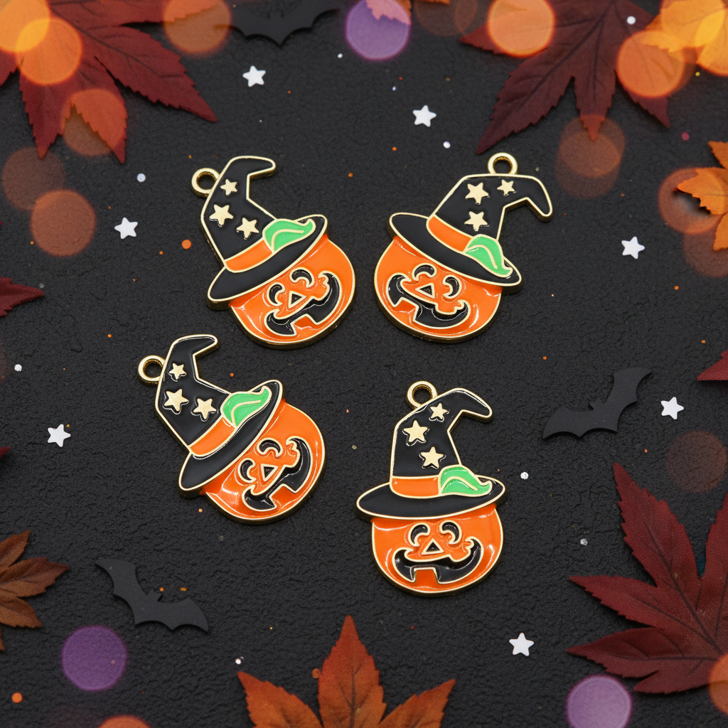 Four Halloween-themed enamel charms shaped like jack-o'-lantern faces wearing witch hats, arranged on a dark textured background with autumn leaves, bats, and bokeh lights.