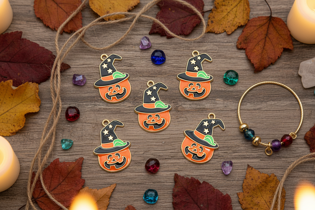 Five Halloween-themed enamel charms shaped like orange pumpkins wearing black witch hats with star details, arranged on a rustic wooden surface with autumn leaves, twine, beads, and candles.
