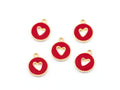 Five round red enamel charms with gold-tone metal borders and a cutout heart in the center, arranged on a plain white background.