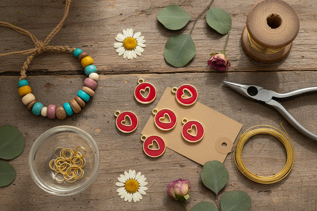 Five red circular jewelry charms with gold borders and a cutout heart in the center, arranged on a wood background with craft supplies and flower scattered around