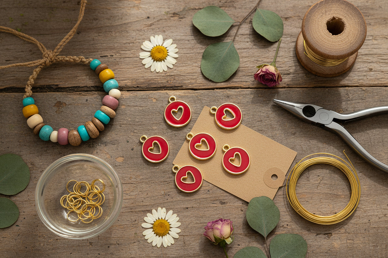 Five red circular jewelry charms with gold borders and a cutout heart in the center, arranged on a wood background with craft supplies and flower scattered around