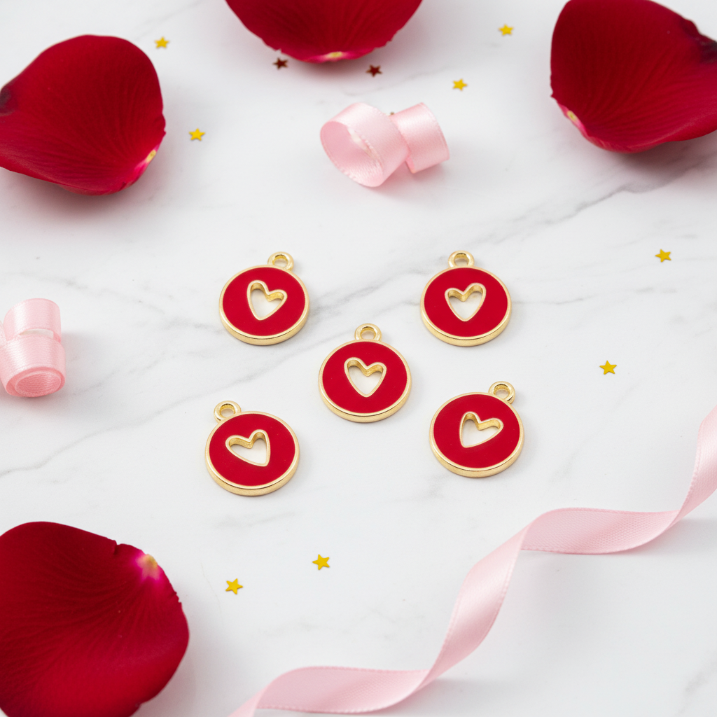 Five red oval heart charms with gold borders and inner heart details, arranged on a white marble surface with red rose petals, pink ribbons, and small gold star confetti.