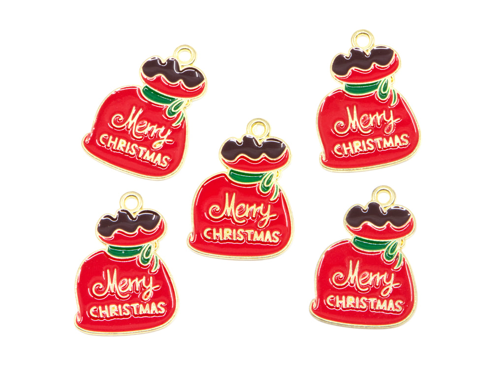 Five red Christmas Santa bag charms with gold-tone metal edges, featuring 'Merry Christmas' in white script, a green bow, displayed on a clean white background.