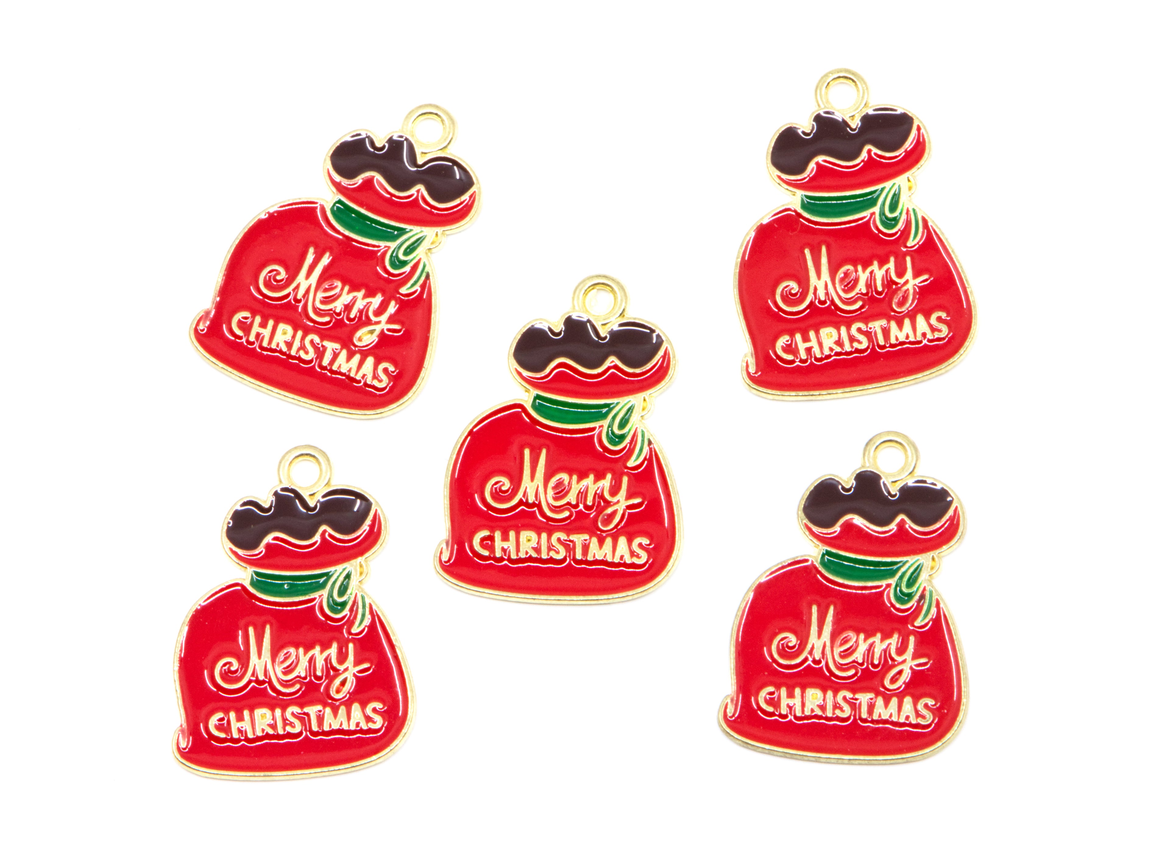 Five red Christmas Santa bag charms with gold-tone metal edges, featuring 'Merry Christmas' in white script, a green bow, displayed on a clean white background.