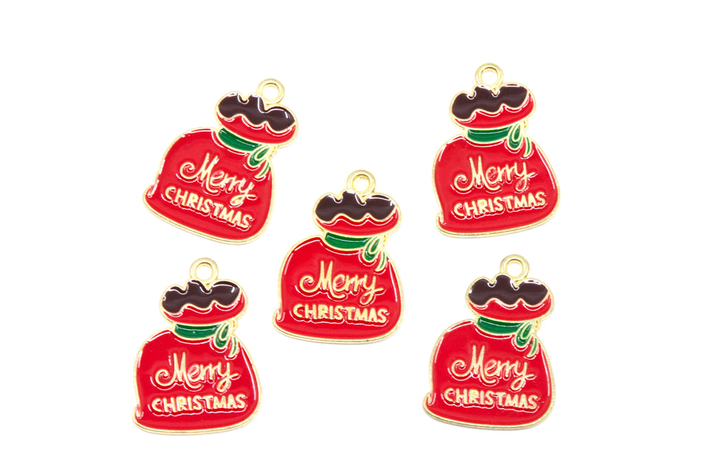 Five red Christmas Santa bag charms with gold-tone metal edges, featuring 'Merry Christmas' in white script, a green bow, displayed on a clean white background.
