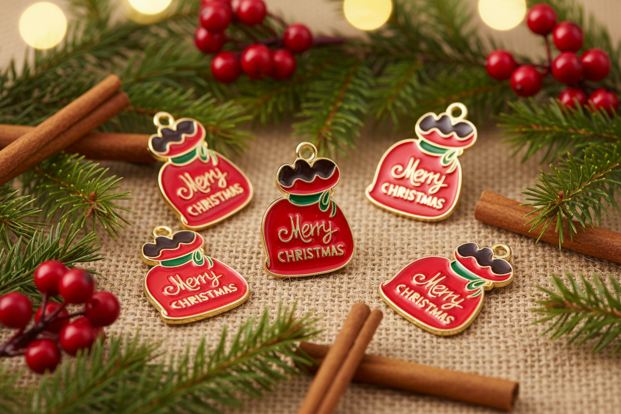 Five red Santa bags with 'Merry Christmas' written across them  arranged on burlap with pine branches, cinnamon sticks, and red berries.