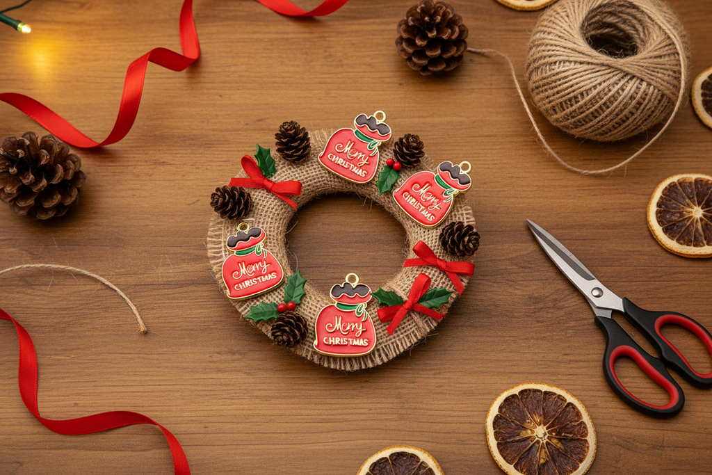 A handmade Christmas wreath made of burlap, decorated with pinecones, red ribbons, green holly leaves, and four red Santa bag charms reading 'Merry Christmas,' arranged on a wooden tabletop with scissors, twine, dried orange slices, and red ribbon around it.