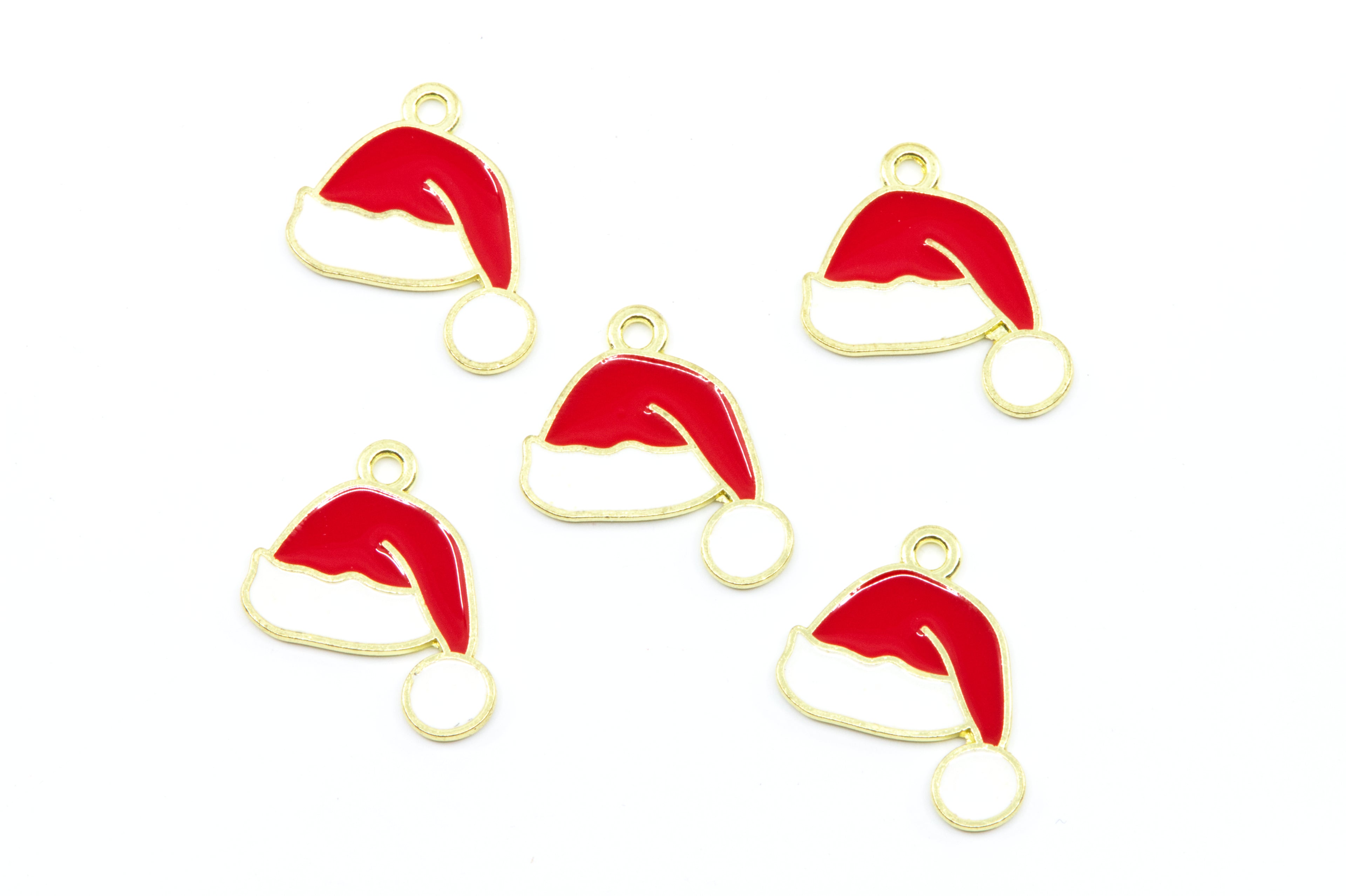 Five red and white Santa hat charms with gold-tone metal borders and loops, arranged on a plain white background.