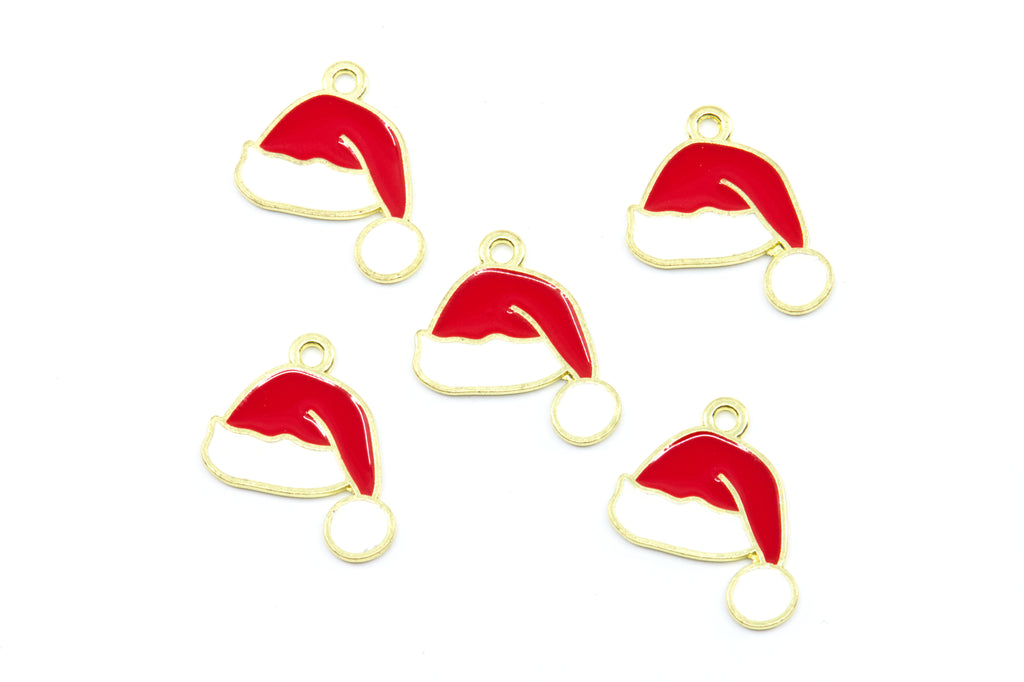 Five small Santa hat charms with red and white enamel and gold-tone metal edges, arranged on a plain white background.
