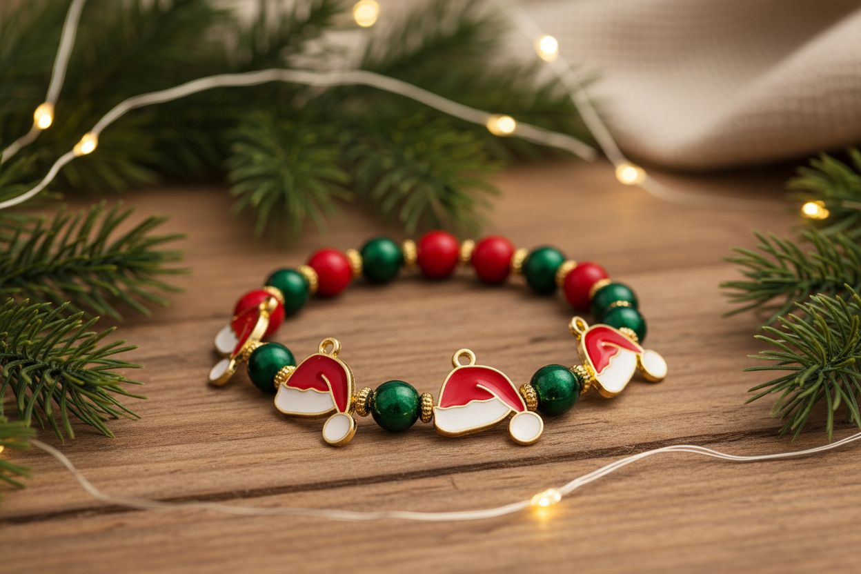 A festive beaded bracelet with red and green beads and Santa hat charms, displayed on a wooden surface with holiday greenery and warm fairy lights.