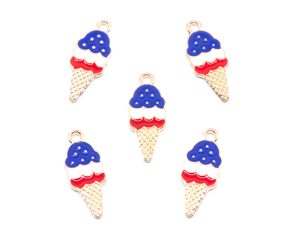 Red, White and Blue Ice Cream Cone Enamel Charms - Lot of Five