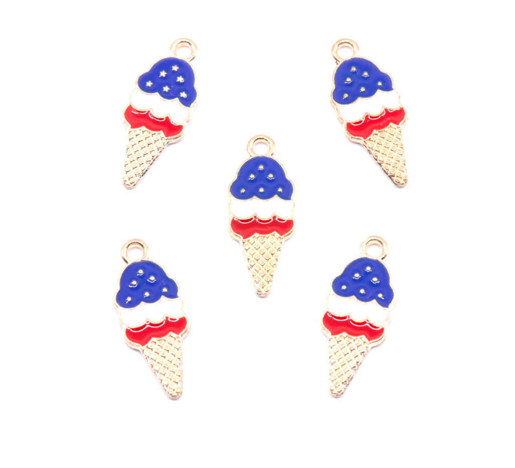 Red, White and Blue Ice Cream Cone Enamel Charms - Lot of Five
