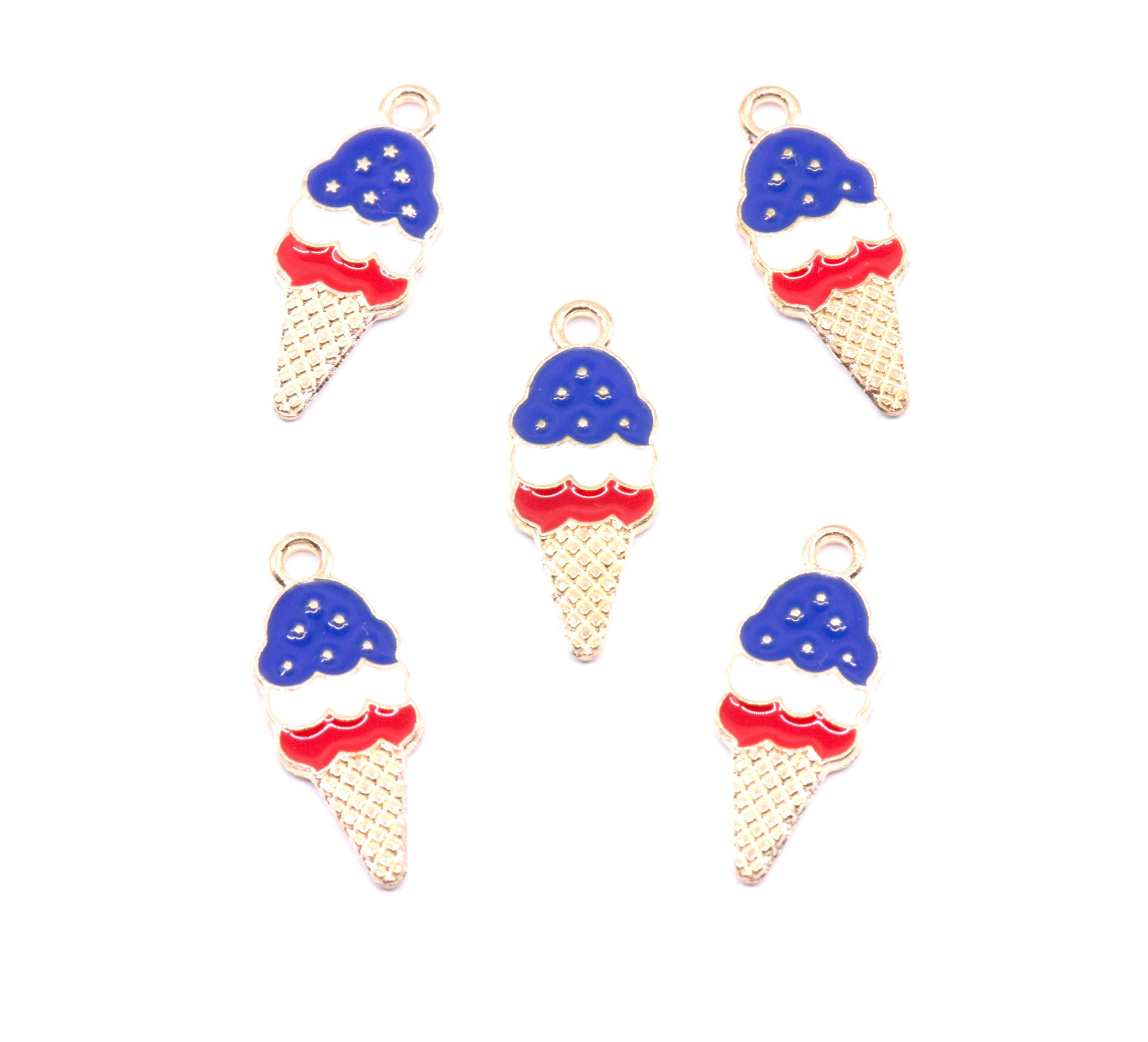 Red, White and Blue Ice Cream Cone Enamel Charms - Lot of Five