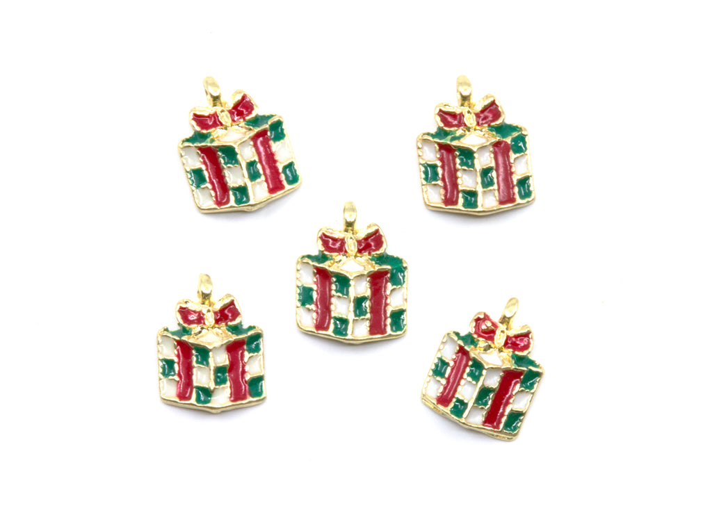 Five small gift box charms with gold-tone edges, red and green striped wrapping, and red bows, arranged on a plain white background.
