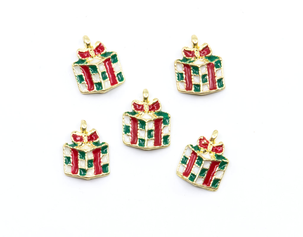 Five small gift box charms with gold-tone edges, red and green striped wrapping, and red bows, arranged on a plain white background.