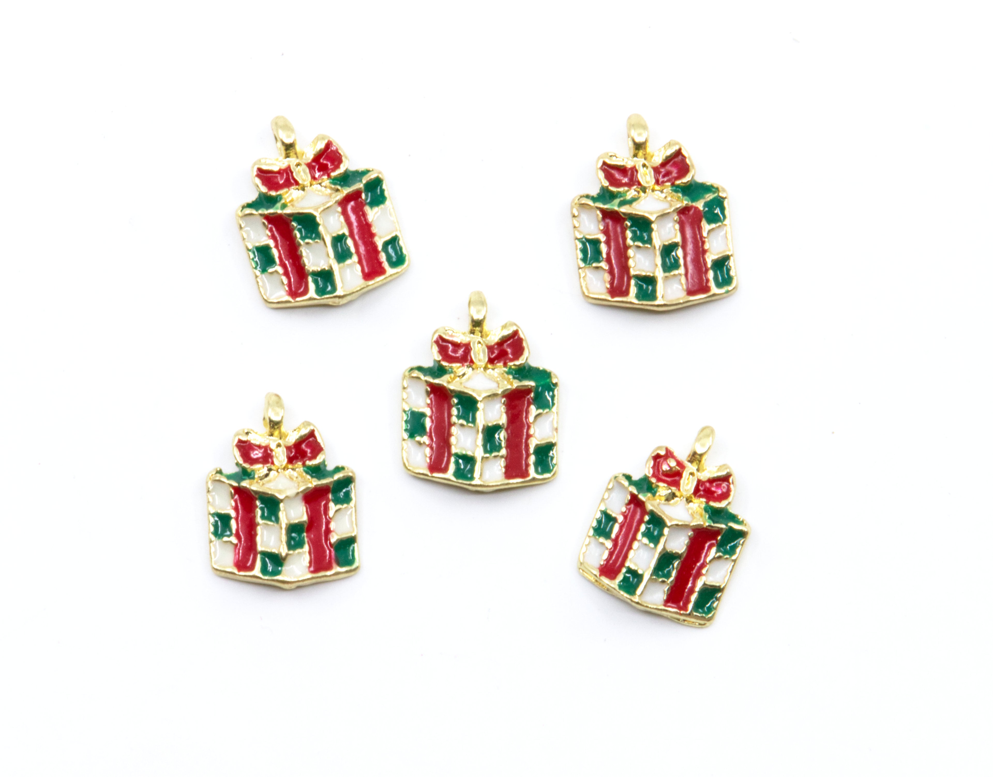Five small gift box charms with gold-tone edges, red and green striped wrapping, and red bows, arranged on a plain white background.