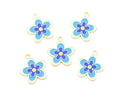 Five small flower-shaped jewelry charms with blue petals, yellow centers, and gold-tone edges, arranged on a plain white background.