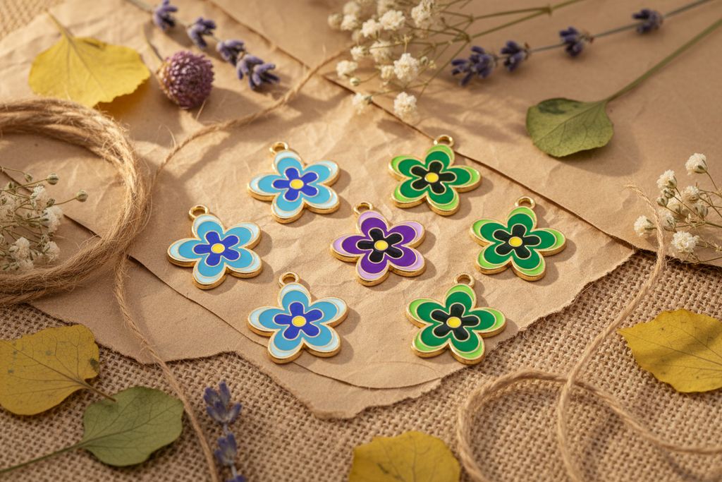 Six colorful enamel flower charms with gold-tone borders are arranged on a rustic background of brown paper, burlap, twine, and dried flowers.