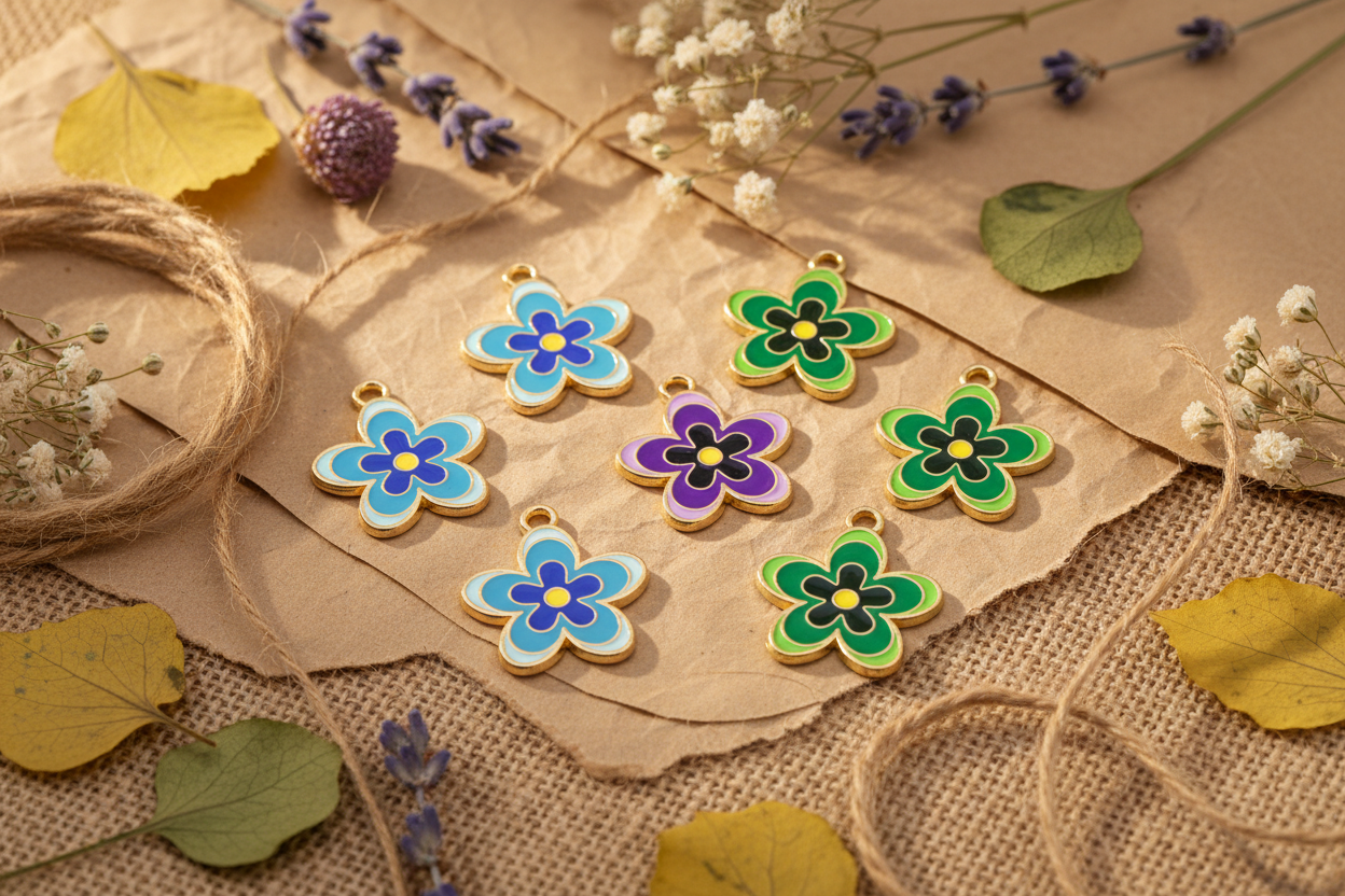 Six colorful enamel flower charms with gold-tone borders are arranged on a rustic background of brown paper, burlap, twine, and dried flowers.